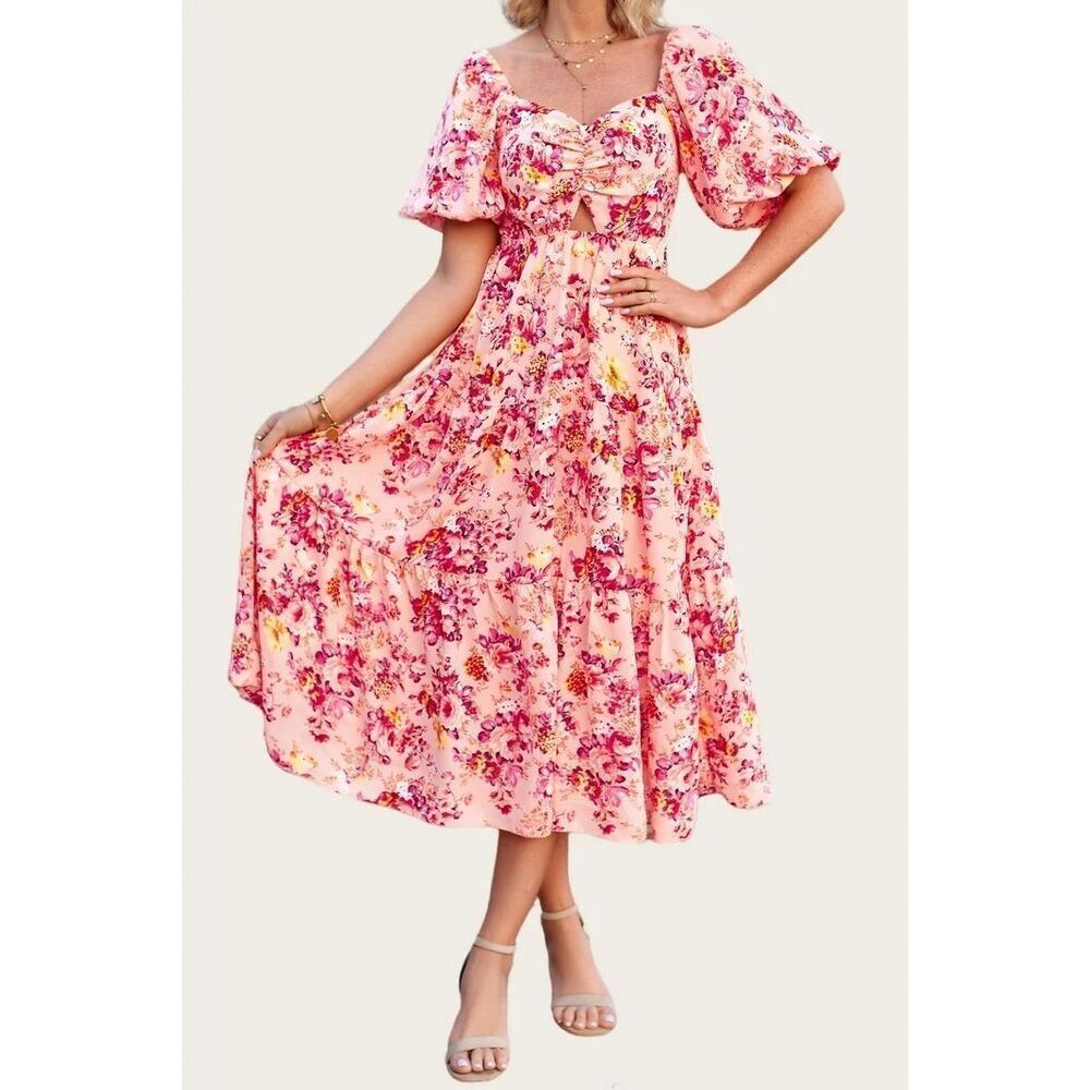 BTFBM Floral Maxi Dress Size L Pink Red Square Neck Puff Sleeve Wedding Guest